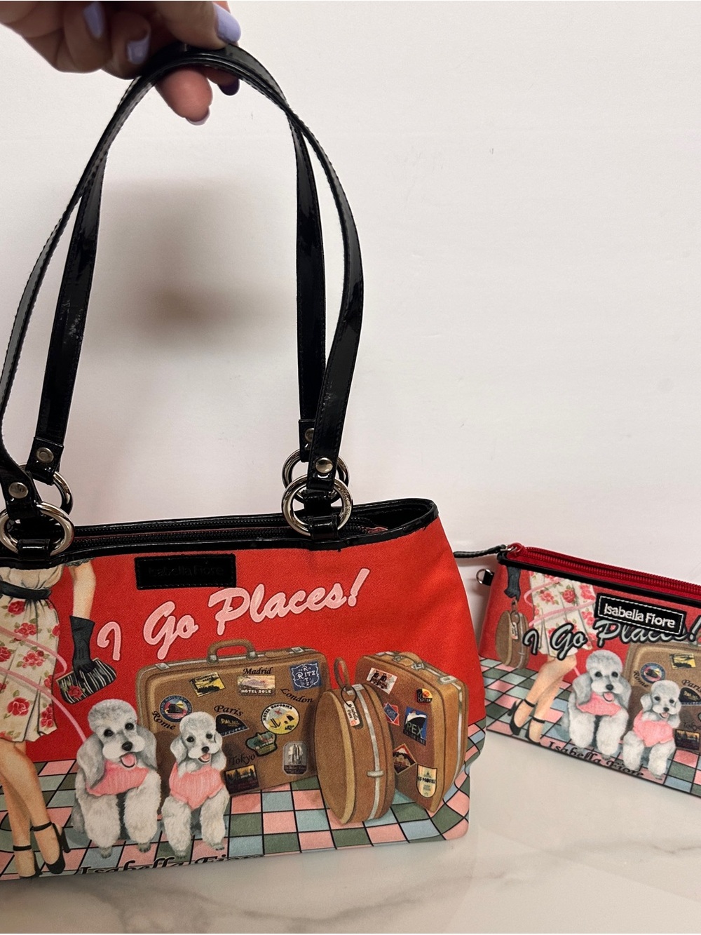 Isabella Fiore Red Canvas Tote with Black Patent Trim and Travel Graphic